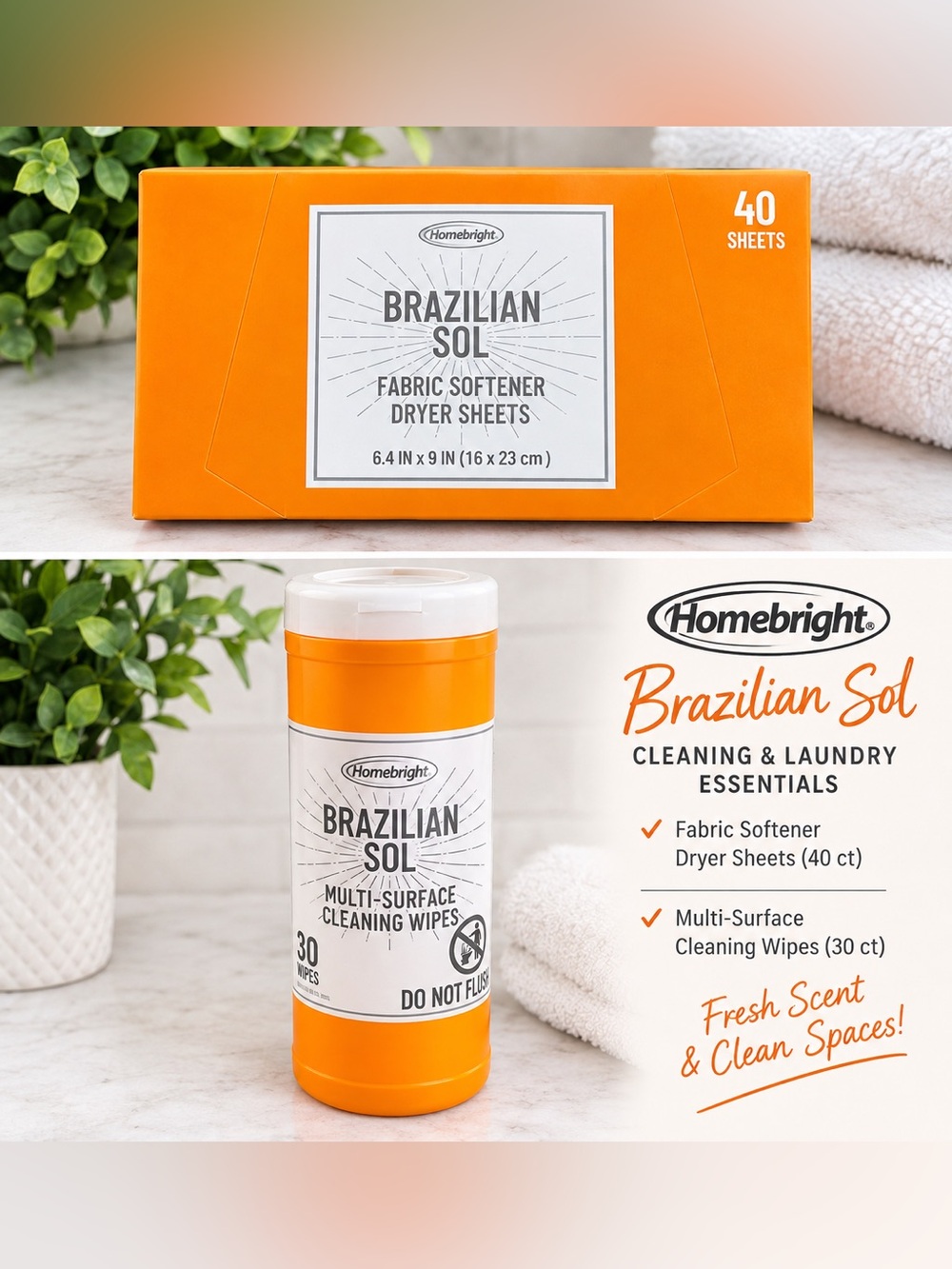 Brazilian Sol Orange Fabric Softener Dryer Sheets & Cleaning Wipes (Set of 2)